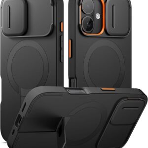 Magnetic Case, Shockproof Mobile Phone Case, Scratch-Resistant Protective Case with Camera Cover Slide and Adjustable Kickstand (Black)